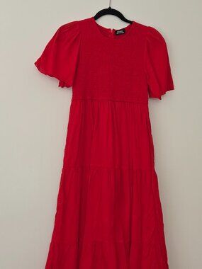 Monoprix Red Smocked Midi/Maxi Dress | A Line | NWOT